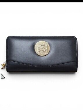 Bebe Black Gold Melendy Zip Around Wallet Clutch